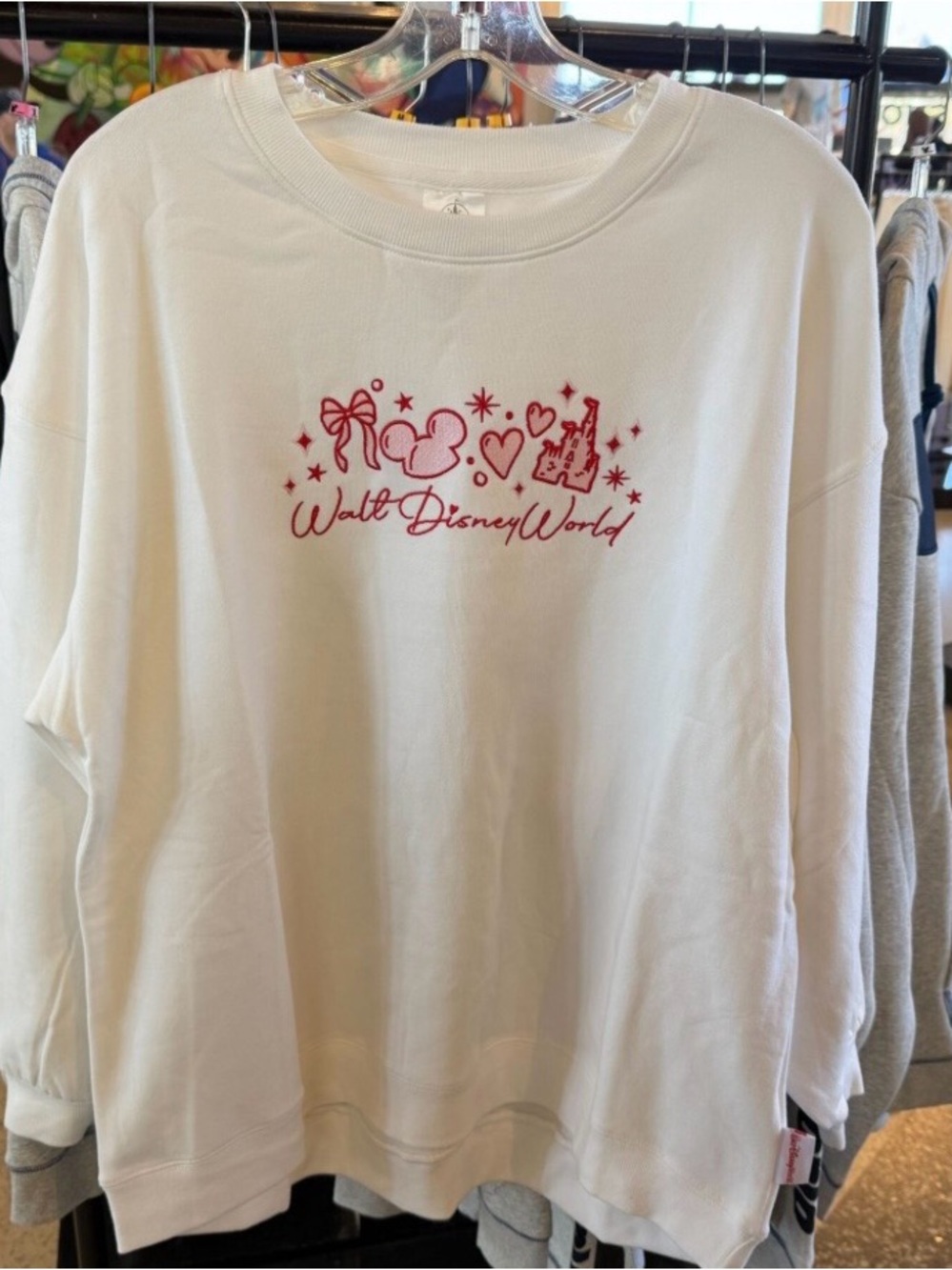 NEW WDW White Red Embroidered Sweatshirt Mickey Castle Icons Pullover XL